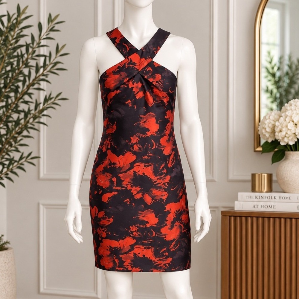 Trina Turk Women Dress Red Navy Floral Cross Halter Sheath Size 2